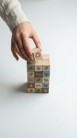 Hand placing wooden cube with recycling symbol on eco-friendly blocks tower featuring green energy and sustainability icons for environmental concepts.