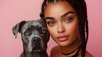 Young African American woman with braids and natural makeup poses with blue-eyed gray pit bull dog against pink background, creating intimate pet portrait highlighting bond and connection.