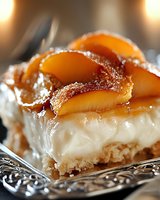 Caramelized peach cream pie slice on vintage silver plate, featuring golden fruit topping, rich whipped cream filling, and buttery cookie crust in macro view.