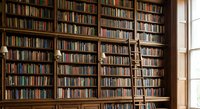 Classic library interior with wooden bookshelves filled with books and rolling ladder for academic research and literary education environments.