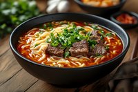 Spicy Asian noodle soup with tender beef chunks, fresh herbs, and red broth served in black bowl on wooden table. Traditional Asian cuisine for restaurant menu.