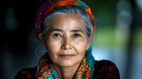 Senior Asian woman wearing colorful traditional headscarf and ethnic clothing smiles warmly at camera, portrait with soft natural lighting and blurred background.