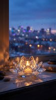 Crystal lotus candle holder glowing on windowsill with bokeh city lights and raindrops creating peaceful meditation atmosphere for relaxation and mindfulness.