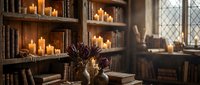 Cozy medieval library interior with burning candles on wooden shelves, antique books and warm atmospheric lighting creating scholarly ambiance.