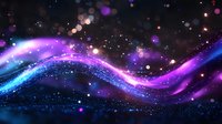 Magical glowing wave with sparkling particles in dark space, flowing neon purple and blue light stream against black background with bokeh effect.