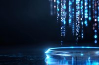 Glowing blue digital particles falling onto luminous circular platform against dark background, creating futuristic technological atmosphere.