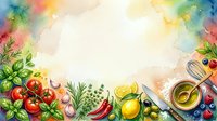 Watercolor cooking ingredients arranged on white background with fresh vegetables, herbs, olive oil, and spices for culinary design projects.