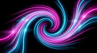 Vibrant neon spiral with flowing pink and blue light trails creating dynamic swirl pattern on black background for modern digital design projects.