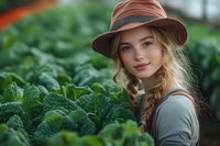 Young Caucasian woman in brown hat and gray top smiling among green cabbage field, natural light portrait with soft bokeh background for agriculture themes.
