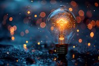 Glowing light bulb on wet surface with magical bokeh lights in dark blue background, perfect for creativity, innovation and inspiration concepts.