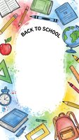 Back to school watercolor frame with educational supplies, books, pencils, apple, globe and backpack on white background for student design projects.