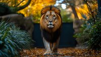 Majestic male lion walking on autumn path surrounded by golden foliage and green plants, dramatic wildlife portrait with bokeh background lighting effects.