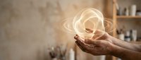 Close-up of hand holding glowing light bulb with swirling energy lines, symbolizing innovation, creativity, and bright ideas for business and technology concepts.