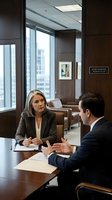 Professional business meeting between mature Caucasian female attorney and male client in modern law office with city view discussing legal matters.