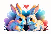 Adorable cartoon bunnies in love with colorful gradient design against rainbow background. Perfect for Valentine's cards, children's illustrations, and romantic spring themes.