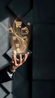 Businessman hand presenting holographic e-commerce icons with shopping cart and wallet symbols for digital marketing and online business solutions.
