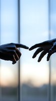 Silhouette of two hands reaching towards each other against blurred window background, reminiscent of creation art. Dramatic lighting creates mystical atmosphere.
