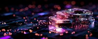 Glowing cryptocurrency coins on circuit board with pink and purple bokeh lights creating futuristic digital money concept against dark background.