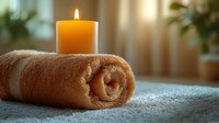 Cozy spa composition with burning orange candle and rolled soft towel on textured surface, creating relaxing atmosphere with warm ambient lighting.
