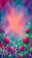 Watercolor clover flowers with glowing molecular structures on vibrant pink, purple, and teal background, perfect for wellness or science design.