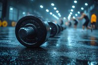 Heavy black dumbbell lying on wet floor in modern gym with blue lighting and blurred people exercising in background, dramatic sports atmosphere.