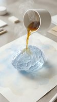 Hot coffee pouring from white mug into glass brain model on white surface. Conceptual artwork representing knowledge, learning, ideas, and mental development for educational and business use.
