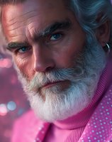 Mature man with gray beard and blue eyes wearing pink turtleneck sweater, studio portrait with neon lighting and bokeh background effects.