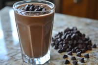 Iced chocolate beverage in tall glass topped with cocoa nibs, served on marble surface with scattered chocolate chips nearby for cafes and food styling.