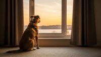 Golden retriever dog sitting by window watching sunrise over lake through glass doors with warm morning light streaming in.
