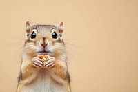 Adorable chipmunk holding food in paws against neutral beige background, looking directly at camera with wide eyes and curious expression. Great for nature themes.