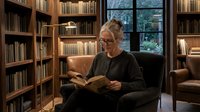 Senior Caucasian woman with glasses reading book in cozy home library with wooden bookshelves and warm lighting for relaxation and learning concepts.