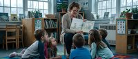A middle-aged Caucasian female teacher reads an illustrated storybook to four young children sitting on a colorful floor mat in a bright, modern classroom with large windows, wooden shelves, and educational materials.