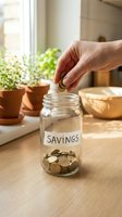 Hand dropping coin into glass savings jar on kitchen counter with herbs and natural lighting for financial planning and budgeting concepts.
