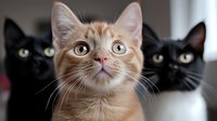 Three adorable kittens with big eyes looking at camera. Orange tabby kitten in focus with black kittens in background. Cute domestic cats for pet adoption concepts.