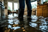 Person wearing rubber boots standing in flooded kitchen with water damage on floor. Natural disaster and insurance concept showing residential flooding emergency.