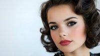 Young Caucasian woman with retro pin-up style makeup, red lips, dark curled hair in vintage 1950s hairstyle against light background, glamour beauty portrait.