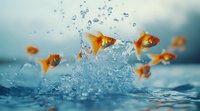 Vibrant orange goldfish swimming through crystal clear water splashes and bubbles against soft blue background, creating dynamic aquatic movement and energy.