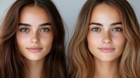 Two young Caucasian women with natural makeup and flowing brown hair showcasing skincare and beauty concepts for cosmetic advertising campaigns.
