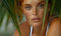 Young woman with freckles and blue eyes looking through tropical palm leaves, natural beauty portrait in soft light with fresh glowing skin and minimal makeup.