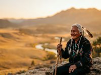 Senior woman with white hair and glasses, wearing traditional clothing and holding a walking stick, smiling while sitting on a rock overlooking a golden valley landscape at sunset.