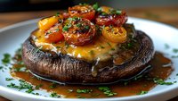 Large portobello mushroom cap stuffed with melted cheese, topped with roasted cherry tomatoes and fresh herbs in savory sauce on white plate, macro food photography.