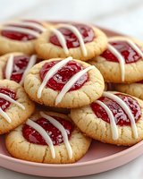 Homemade thumbprint cookies with strawberry jam and white icing drizzle on pink plate, perfect for baking blogs, recipe cards and dessert menus.