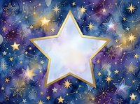 Golden star frame on magical purple galaxy background with sparkling celestial elements and cosmic stardust for festive holiday designs and celebrations.