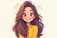 Young woman with flowing brown hair wearing yellow sweater smiling cheerfully in anime style illustration on light background, expressing joy and positive emotions.