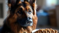 German Shepherd mix dog with bright blue eyes looking up at food bowl filled with dry kibble, close-up portrait showing loyalty and anticipation.
