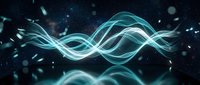 Abstract cyan energy waves flowing through dark space with glowing particles and light effects for futuristic technology backgrounds and digital art projects.