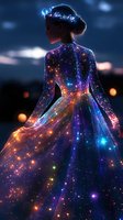 Silhouette of woman in magical glowing dress with constellation and starry pattern against night sky background, illuminated by colorful sparkles and light effects.