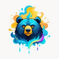 Fierce blue bear head with yellow eyes surrounded by vibrant turquoise and yellow smoke effects on white background, stylized artistic design for merchandise.