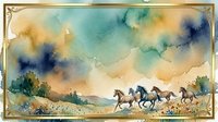 Watercolor landscape with wild horses galloping across golden plains under dramatic sky, suitable for wall art, home decor, and editorial design.