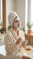 Young woman enjoying morning skincare routine with face mask and tea in bright bathroom with plants for wellness and self-care lifestyle.